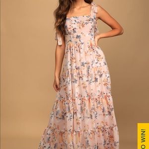 Brand New Lulus All Admiration Pink Floral Print Tie-Strap Tiered Maxi Dress